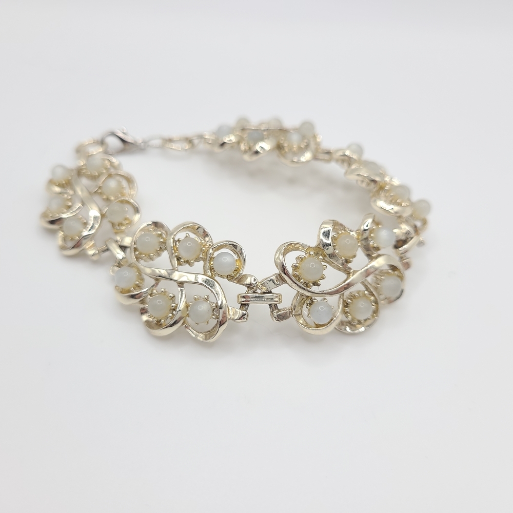 Vintage Gold Tone Floral Link Bracelet White Cabochon